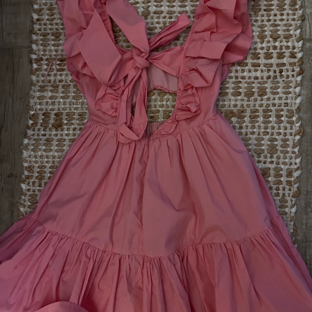 Marble Pink High-Low Ruffled Sundress With Puff Sleeves View 2
